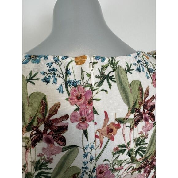 Dainty Floral Mini Dress linen floral Botanical Print Puff Sleeve 4 XS - Picture 8 of 16